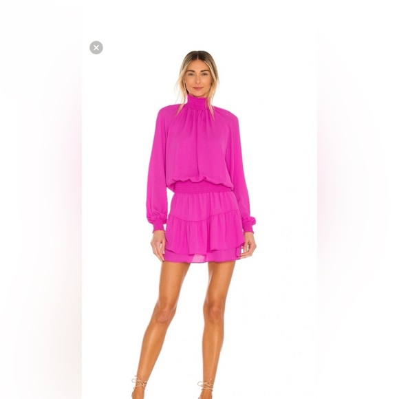 krisa Dresses & Skirts - Smocked-Waist Hot Pink Long-Sleeve Tiered Mini Dress